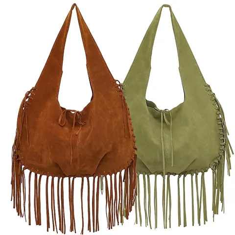 Borsa Hobo con Frange di Grande Capacità per Donna Vintage in Velluto Doppia Faccia Borsa a Tracolla con Frange Lunghe