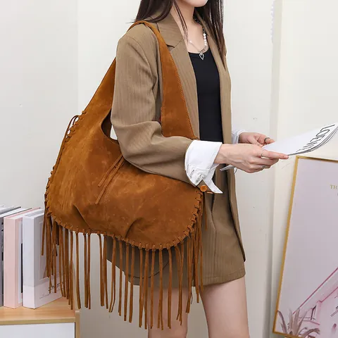 Borsa Hobo con Frange di Grande Capacità per Donna Vintage in Velluto Doppia Faccia Borsa a Tracolla con Frange Lunghe