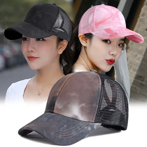 Women Ponytail Baseball Cap Breathable Mesh Sun Hat Outdoor Camouflage Tie Dye Starry Sky Printed Casual Polyester Cap