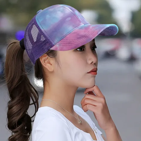Women Ponytail Baseball Cap Breathable Mesh Sun Hat Outdoor Camouflage Tie Dye Starry Sky Printed Casual Polyester Cap