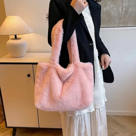 Sac Fourre-tout en Peluche Fausse Fourrure Automne Hiver Grande Capacité pour Femmes Sac à Main Minimaliste Souple Sac à Épaule Uni