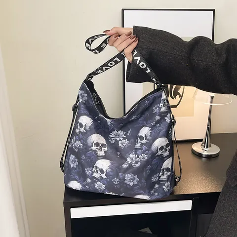 Bolso Tote de Nylon de Gran Capacidad para Mujer Estampado de Calavera y Flores Estilo Urbano Gótico Bolso de Hombro Con Correas LOVE