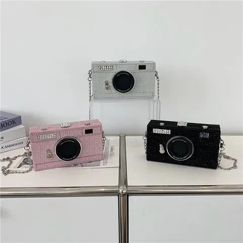 Koreanischer Stil Kamera Geformte Box Tasche Für Damen Mode Glitzer Pailletten Kleine Quadratische Schulter Umhängetasche Kette