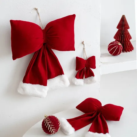 Samt Weihnachts Schleife Ornament Mit Weißem Kunstfellbesatz Für Weihnachtsbaum Hängende Dekoration Party Szene Layout Requisiten