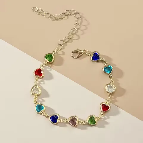 Bracciale Intarsio in Zirconia a Cuore Lusso Leggero Per Donna Moda Colorata Pietra a Forma di Cuore Placcato Oro Gioielli a Catena