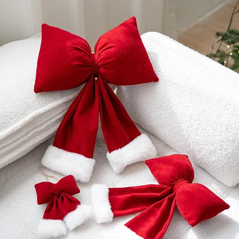 Samt Weihnachts Schleife Ornament Mit Weißem Kunstfellbesatz Für Weihnachtsbaum Hängende Dekoration Party Szene Layout Requisiten