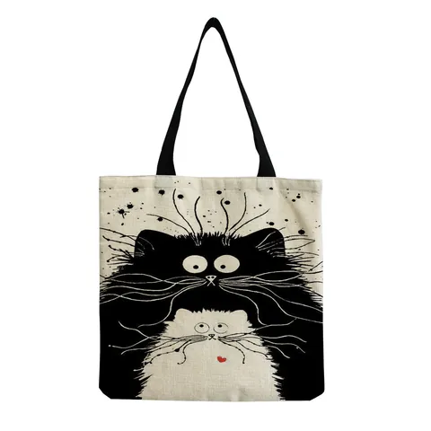 Cartoon Cute Exploded Hair Cat Cotton Linen Shopping Bag Large Capacity Reusable Eco Friendly Grocery Tote Bag For Women Daily Work Use