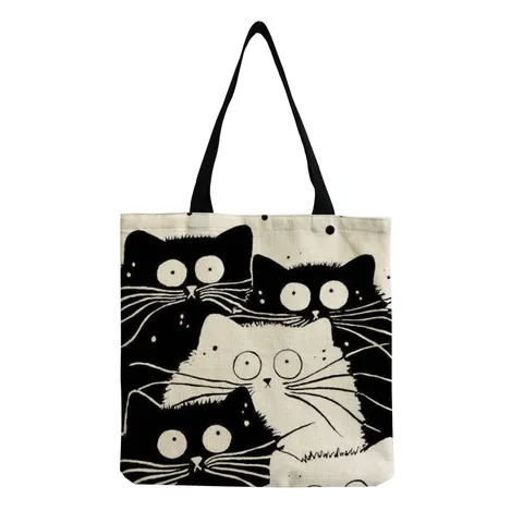Cartoon Cute Exploded Hair Cat Cotton Linen Shopping Bag Large Capacity Reusable Eco Friendly Grocery Tote Bag For Women Daily Work Use