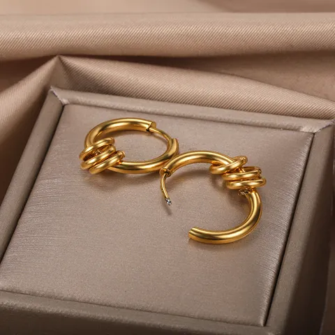 Retro 8K Gold Plated Stainless Steel Hoop Earrings For Women Light Luxury Geometric Multi Ring Round Earrings Fashion Jewelry