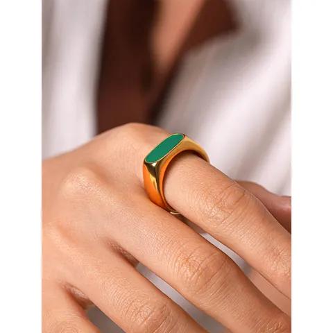 Anello con Sigillo in Smalto Verde Vintage Francese per Donna Placcato in Oro 18K Acciaio Inossidabile Ovale Gioielli Regalo