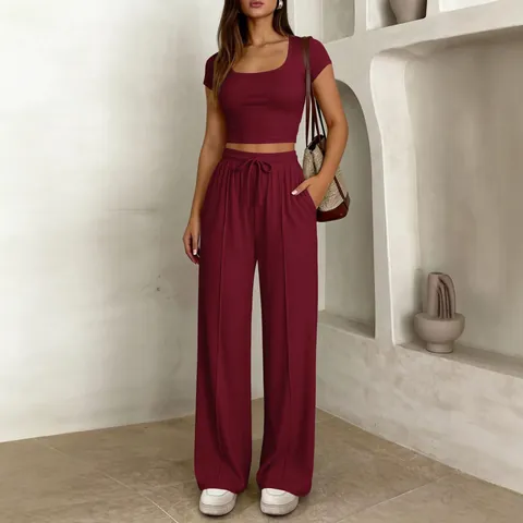 Gerippte Hohe Taille Weite Hose Und Crop Top Outfit Damen Casual Sommer Einfarbig Gespleißtes Design Mode Bekleidung