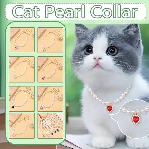 Collana Regolabile in Perle per Animali Domestici Gatti Cani Piccoli Con Ciondolo Cuore Strass Lega Perla Artificiale Collare