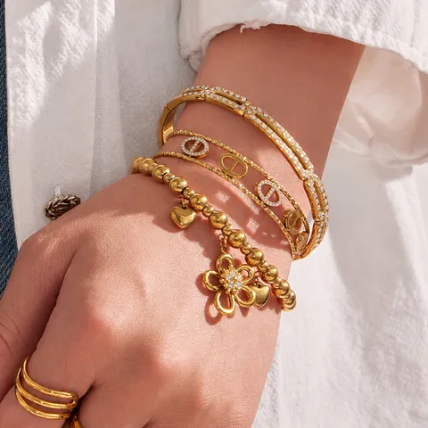 Light Luxury Stainless Steel Zirconia Flower Heart Pig Nose Bangle Bracelet Set For Women Gold Silver Plated Fashion Jewelry