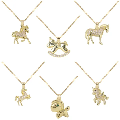 Luxus Edelstahl Kupfer Strass Einhorn Pferd Anhänger Halskette Für Damen 14K Vergoldet Tier Schlüsselbein Kette Schmuck