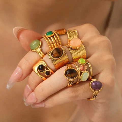 French Retro Stainless Steel Ring For Women Natural Stone Tiger Eye Malachite Gold Plated Open Adjustable Geometric Fashion Ring
