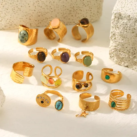 French Retro Stainless Steel Ring For Women Natural Stone Tiger Eye Malachite Gold Plated Open Adjustable Geometric Fashion Ring