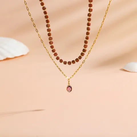 Stainless Steel Layered Necklace For Women Bohemian Gold Sandstone Beaded Choker With Oval Purple Glass Pendant Jewelry