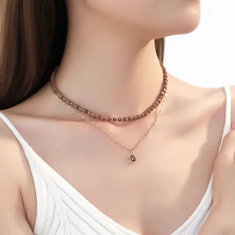 Stainless Steel Layered Necklace For Women Bohemian Gold Sandstone Beaded Choker With Oval Purple Glass Pendant Jewelry