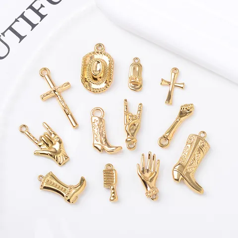 Pendentifs en Acier Inoxydable Chapeau de Cowboy Bottes Croix DIY Accessoires pour Collier Or Argent Strass Charms
