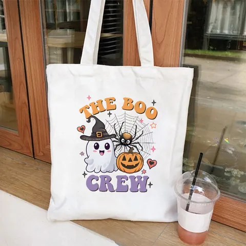 Bolso Tote de Lona de Halloween Bolsa de Compras Reutilizable Moda Harajuku Boo Crew Gráfico Bolso de Hombro Mujeres Fantasma Calabaza Estampado