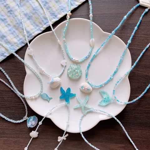 Summer Ocean Theme Beaded Necklace With Shell Starfish Fish Tail Charms Resin Artificial Pearl Handmade Vacation Jewelry For Women Kids