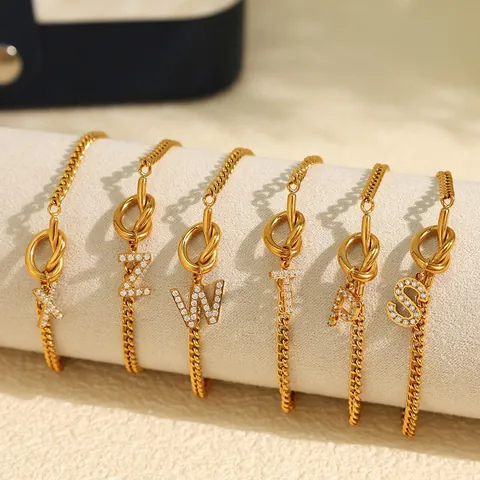 Stainless Steel Alphabet Initial Letter Bracelet For Women Knot Design Rhinestone Inlaid Gold Plated Fashion Jewelry