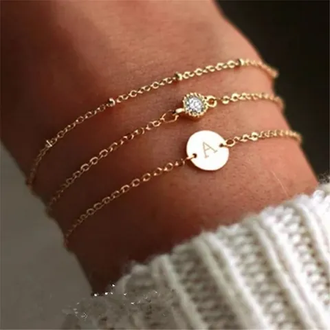 Pulsera Minimalista de Aleación Chapada en Oro con Disco Redondo Grabado con Letra Inicial Ajustable Joyería de Moda para Mujer