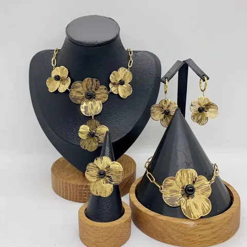 Conjunto de Joyas de Lujo de Acero Inoxidable para Mujer Pulido Oro Plata Floral Geométrico Perla Artificial Diamantes de Imitación Collar Pendientes Pulsera Anillo Conjunto