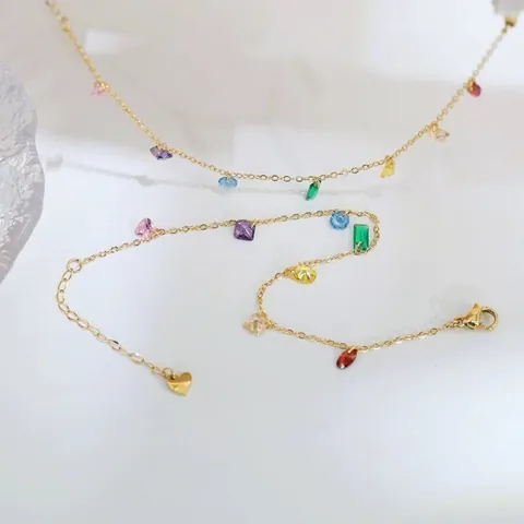 Mode Vrouwen Roestvrijstalen Armband Kleurrijke Zirconia Ingelegd Vergulde Regenboog Ketting Voor Dagelijks Gebruik Sieraden