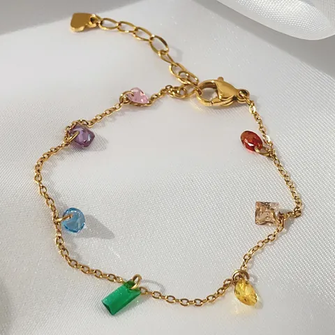 Mode Vrouwen Roestvrijstalen Armband Kleurrijke Zirconia Ingelegd Vergulde Regenboog Ketting Voor Dagelijks Gebruik Sieraden