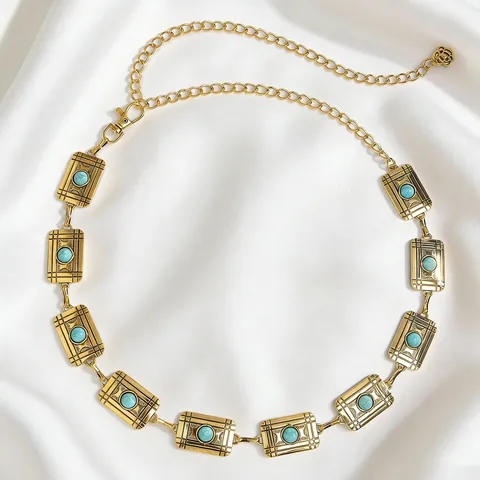 Catena da Vita Bohémien Vintage Con Placche Metalliche Geometriche Oro Argento Antico Inciso Cintura Con Turchese per Donna