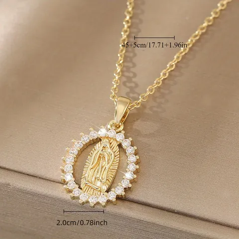 18K Gold Plated Virgin Mary Relief Pendant Necklace For Women Copper Zirconia Inlaid Oval Religious Daily Choker Fashion Jewelry