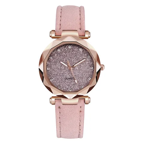 Women's Quartz Watch Starry Sky Glitter Dial Rhinestone Scale Faceted Case Matte Faux Leather Strap Fashion Casual