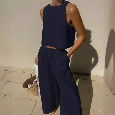 Damen Casual 2-Teiler Set Ärmelloses Tank Top Und Weite Hose Übergröße Locker Einfarbig Sommer Dip-Dye Outfit Outwear
