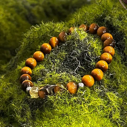 Pulsera de Cuentas de Ojo de Tigre Amarillo Natural Con Cuenta de Cuarzo Rutilado Dije de Estrella Hexagrama de Aleación Joyería Unisex de Lujo