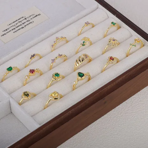 Anillos Abiertos de Cobre Chapados en Oro Vintage Francés para Mujer Anillos Ajustables de Corazón y Flor con Strass Joyería