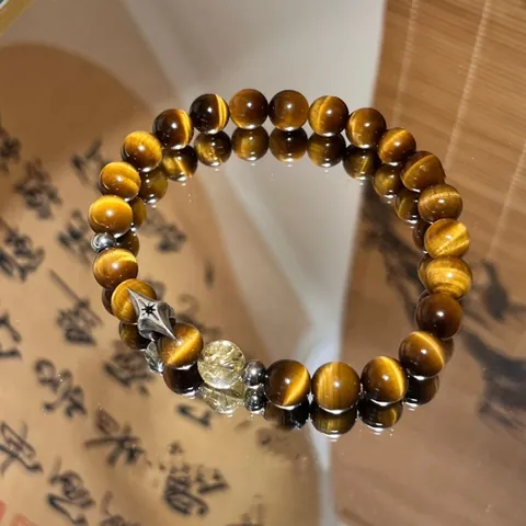 Pulsera de Cuentas de Ojo de Tigre Amarillo Natural Con Cuenta de Cuarzo Rutilado Dije de Estrella Hexagrama de Aleación Joyería Unisex de Lujo