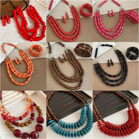 Vintage Ethnic Agate Beaded Jewelry Set Necklace Bracelet Earrings Bohemian Layered Geometric Multicolor Jewelry For Women