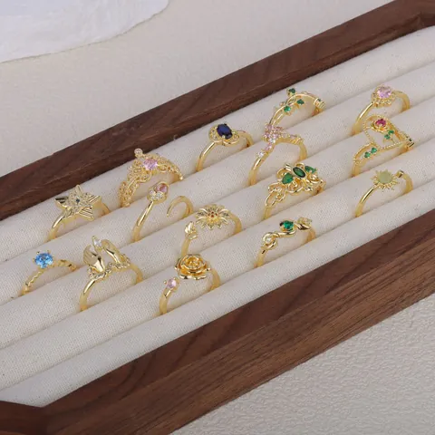 Anillos Abiertos de Cobre Chapados en Oro Vintage Francés para Mujer Anillos Ajustables de Corazón y Flor con Strass Joyería