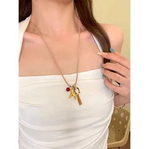 Vintage Alloy Horse Pendant Necklace Retro Adjustable Long Sweater Chain Necklace With Tassel And Artificial Pearl For Women Jewelry