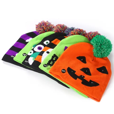 Halloween LED Leuchtend Strickmütze Für Unisex Acryl Kürbis Totenkopf Gespenst Muster Glow Party Favors Winter Warme Kappe