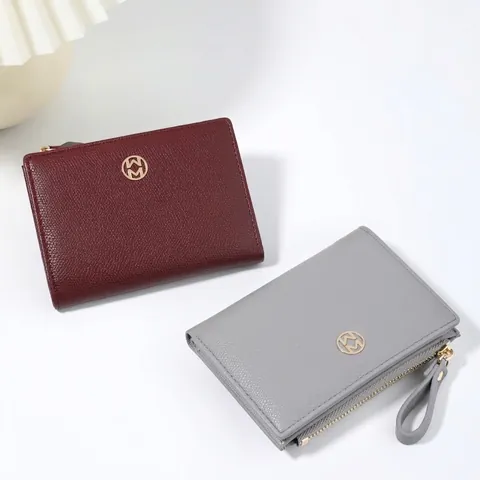 Cartera Corta Bifold de Cuero PU para Mujer Grano de Lichi Bolsillo para Monedas con Cremallera Logo de Metal Dorado