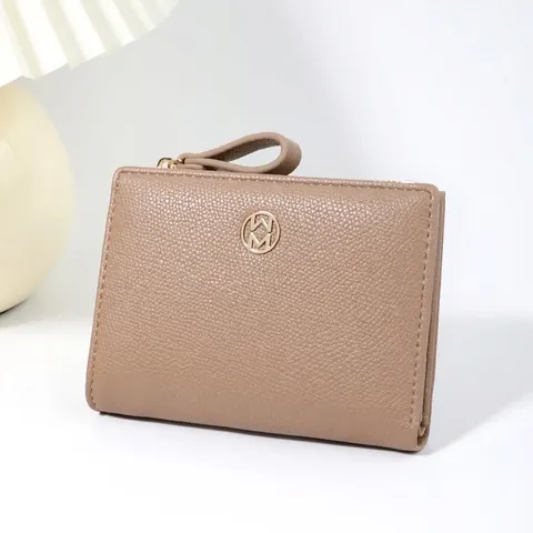 Cartera Corta Bifold de Cuero PU para Mujer Grano de Lichi Bolsillo para Monedas con Cremallera Logo de Metal Dorado