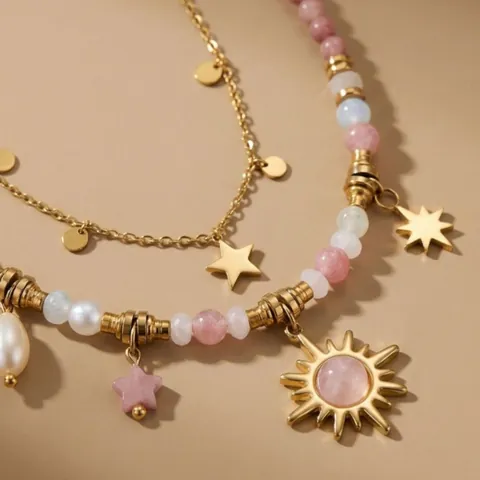 New Chinese Style Double Layer Pendant Necklace Titanium Steel Natural Stone Beaded Sun Star Charm Clavicle Chain Jewelry