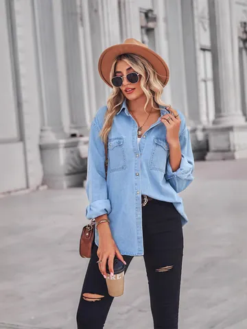 Camicia di Denim Casual da Donna Sottile Misto Cotone Manica Lunga Abbottonata Camicetta Risvolto Top Con Doppie Tasche Slim Fit