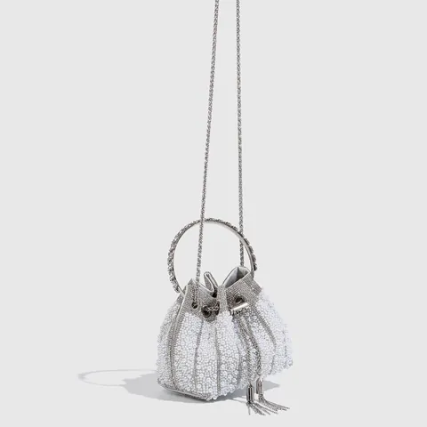 Elegante Strass Kunstparel Avondtas Emmer Vorm Voor Vrouwen Luxe Kwast Gelukszakje Mondain Banket Clutch Bruiloft Feest Handtas