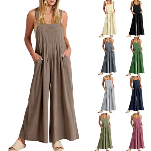 Mono de Mujer Casual Holgado Mezcla de Algodón Color Sólido Sin Mangas Pantalones de Pierna Ancha Con Bolsillos Verano Top And Bottom