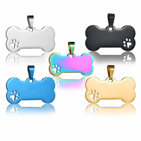 Stainless Steel Bone Shape Pet ID Tag Hollow-out Paw Print Dog Tag Mirror Polished Metal Anti-lost Pendant For Dogs Cats