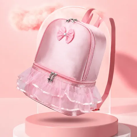 Girls Ballet Dance Backpack Cute Tutu Lace Ruffles School Bag For Little Ballerina Training Class Lightweight Nylon Satin Bowknot Kids Backpack