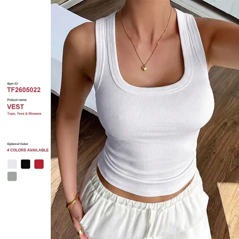Camiseta sin Mangas Acanalada Y2K para Mujer Ajustada sin Mangas Cuello en U Sexy Verano Básico Color Sólido Poliéster Elastano para Mujer